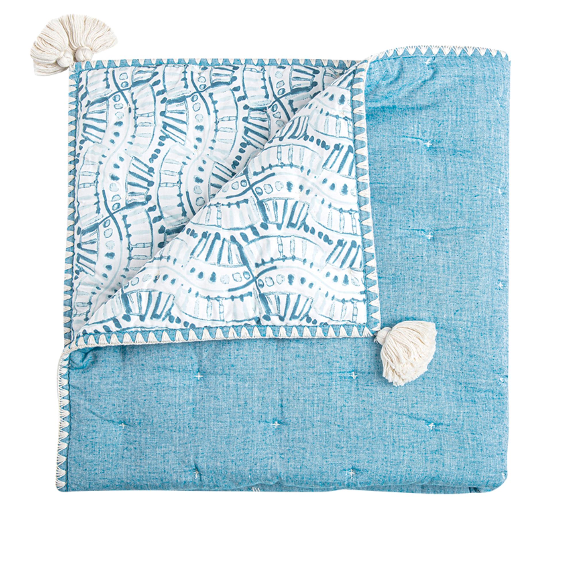 Blue quilted blanket on white background