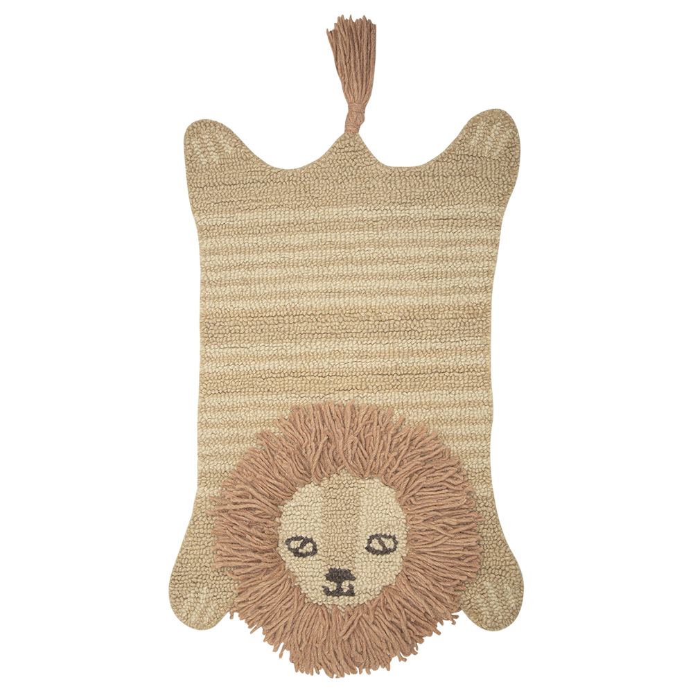 Crane baby lion shaped rug shown on white background