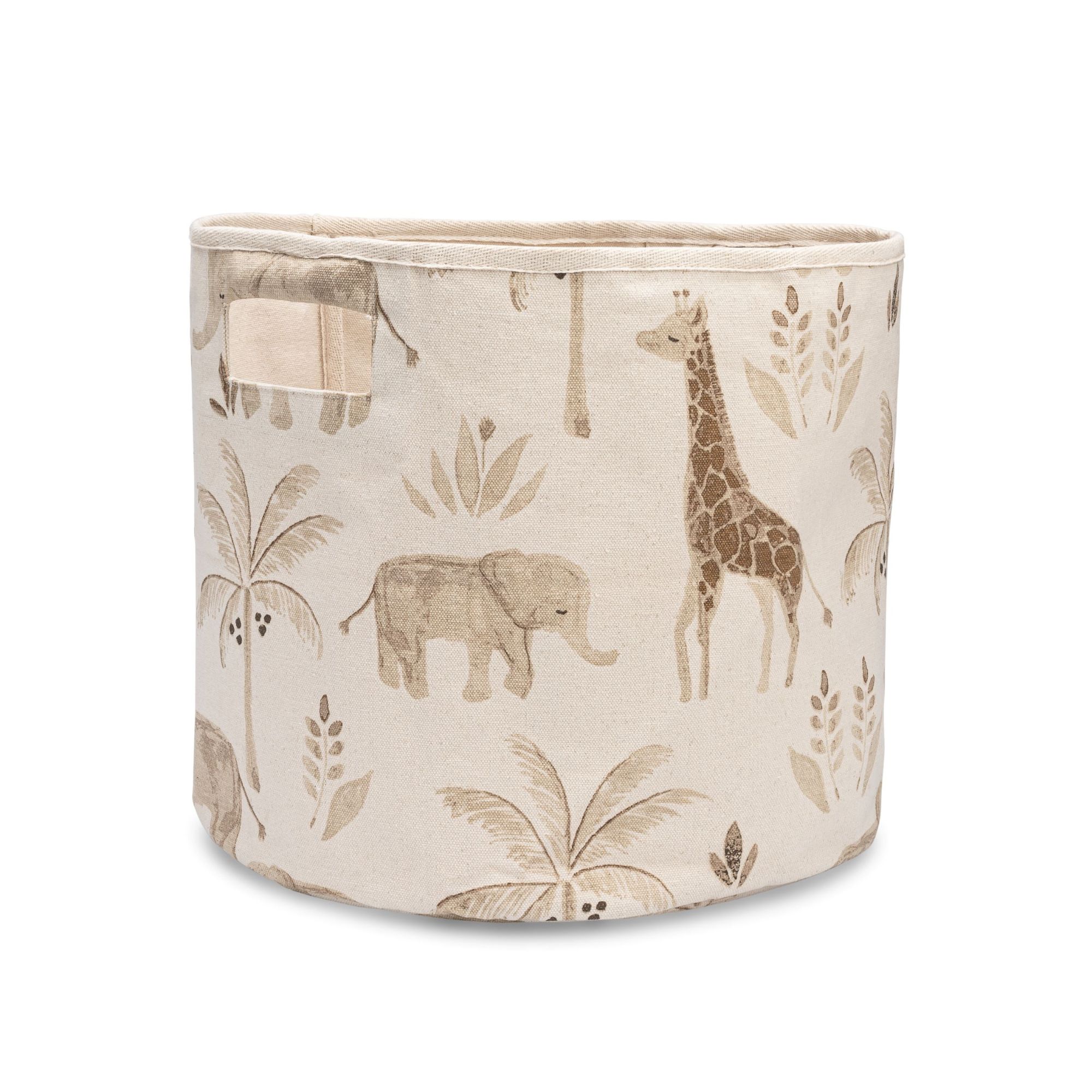 Beige storage bin for nursery with animal design