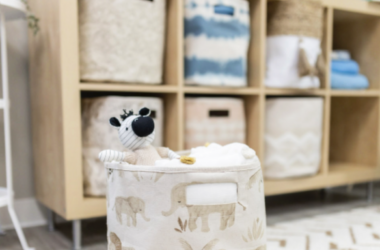 Plush toy zebra in a storage basket