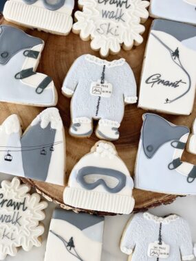 Ski-themed baby shower cookies