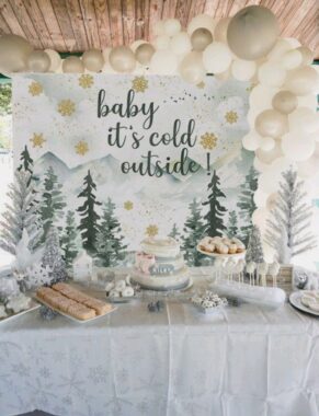 Winter themed dessert table at a baby shower