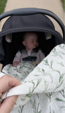 baby sleeping in stroller with a crane baby swaddle