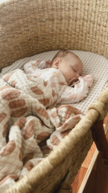 Baby with a pacifier sleeping in a bassinet