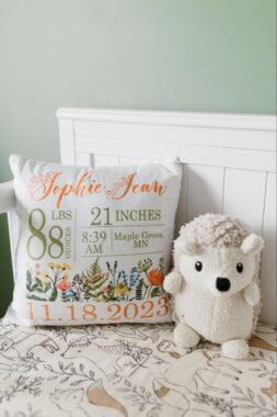 Stuffed animal and pillow with baby birth details on a crib