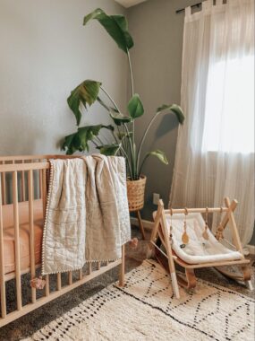 Corner of a nursery with crib, plant and baby bouncer