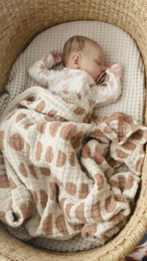 Baby with a pacifier sleeping in a bassinet 
