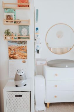 Book filled shelves and a racoon humidifier in the corner of a nursery