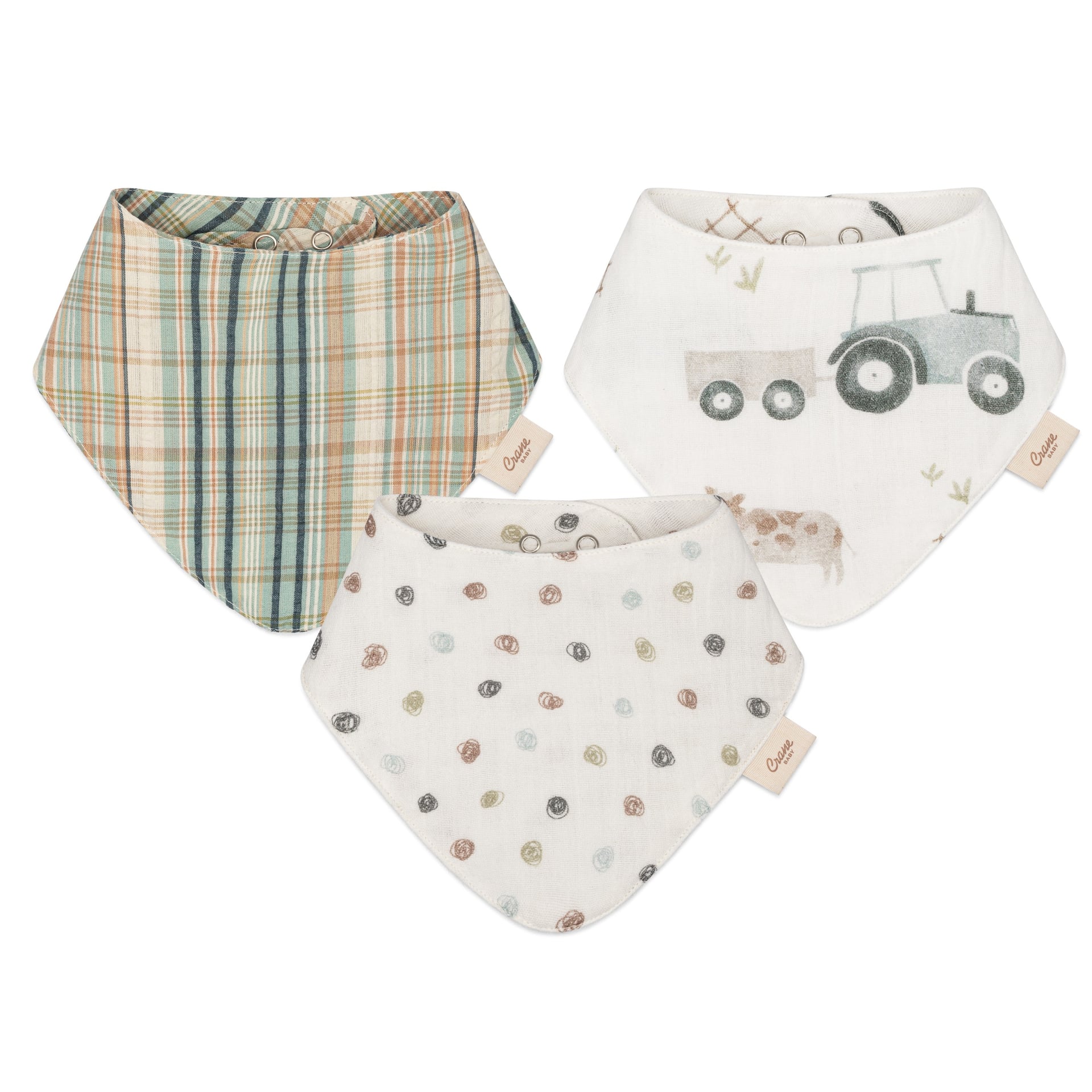 Charlie 3-pc. Farmhouse Tractor Muslin Baby Bib Set