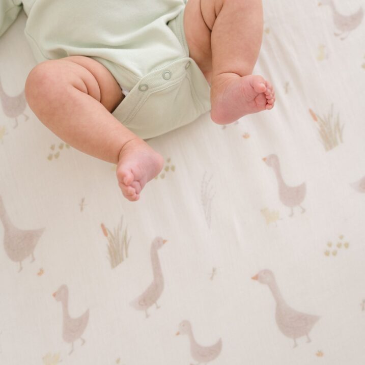 Close up of baby legs in a crib with a goose crib sheet