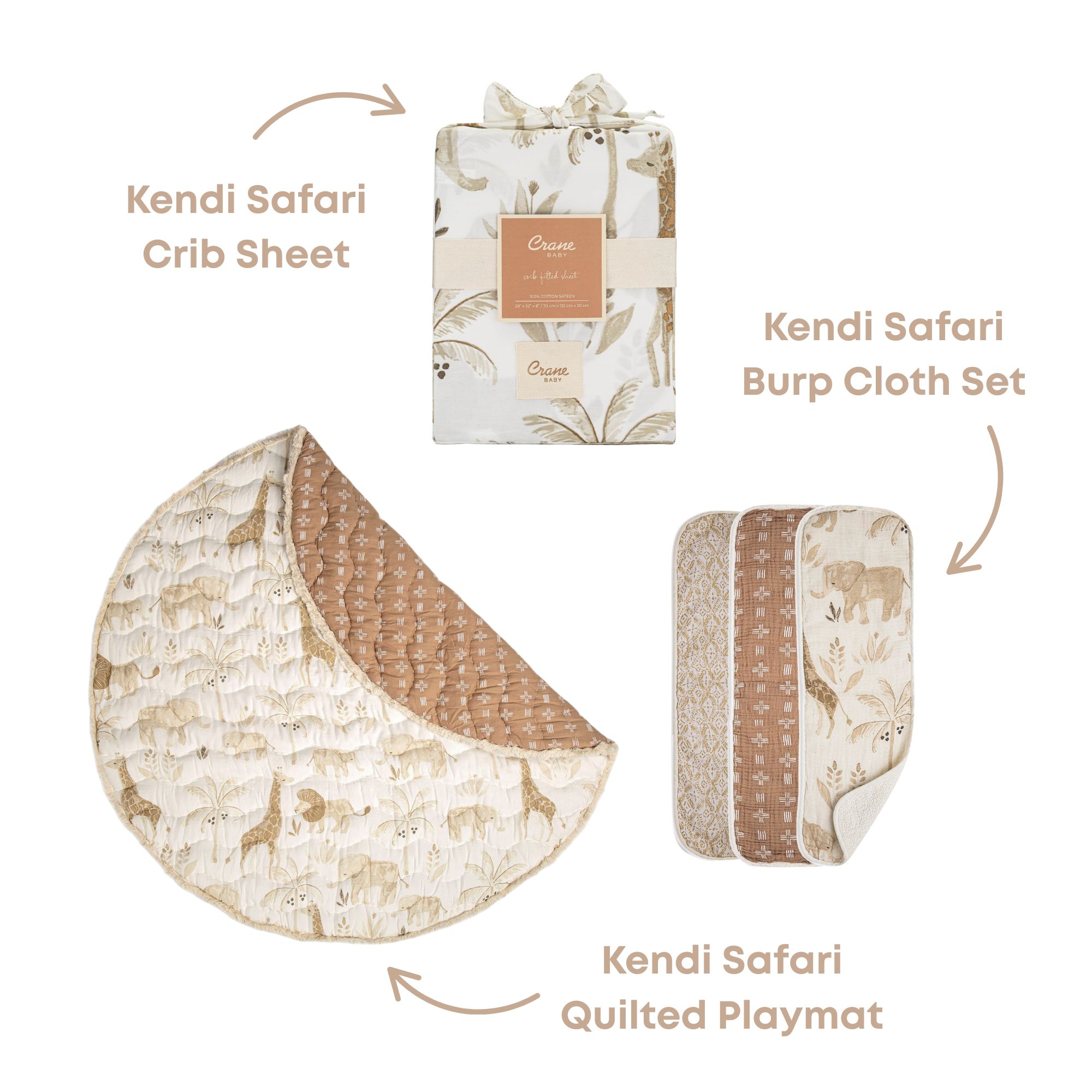 Kendi bundle featuring a playmat, crib sheet and burp cloth