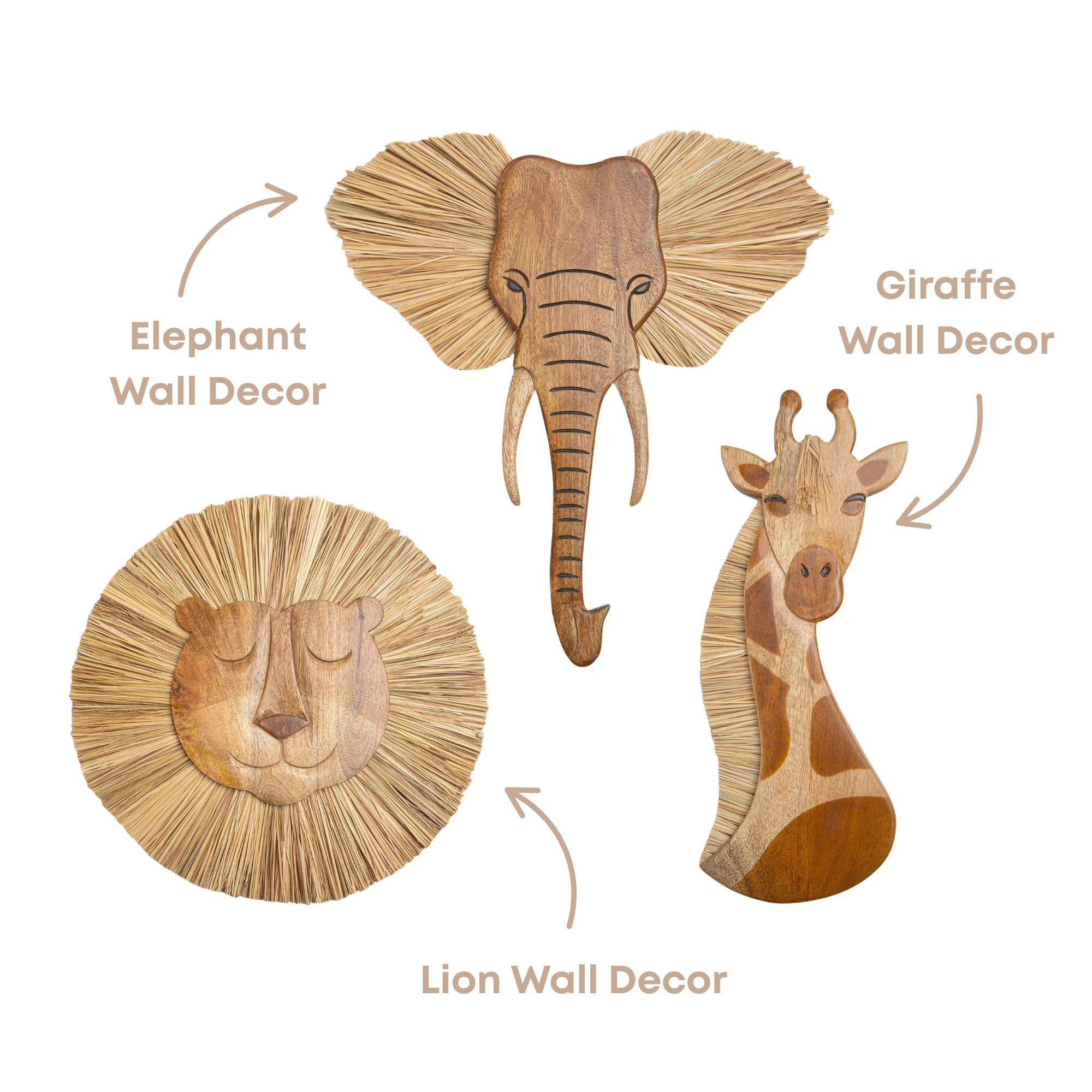 3 wooden wall decor bundles in shapes of safari animal
